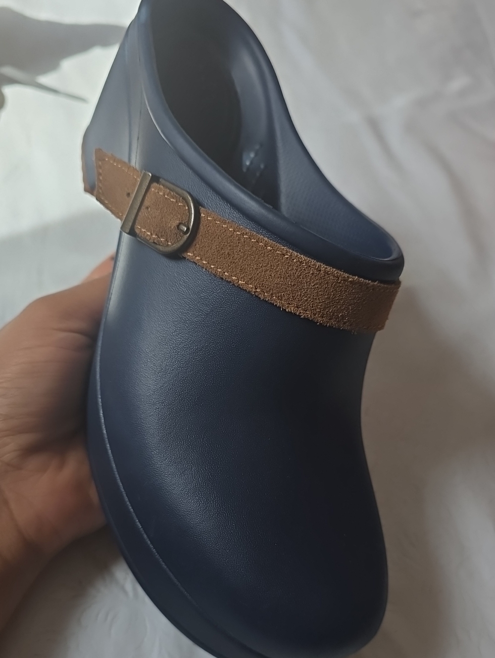 Navy Slip-On Clog with Brown Suede Strap